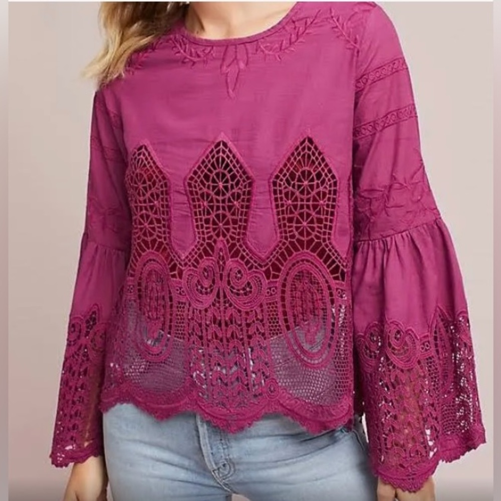Chloe Oliver x Anthropologie Magenta Lace Embroidered Boho Bell Sleeve Blouse M